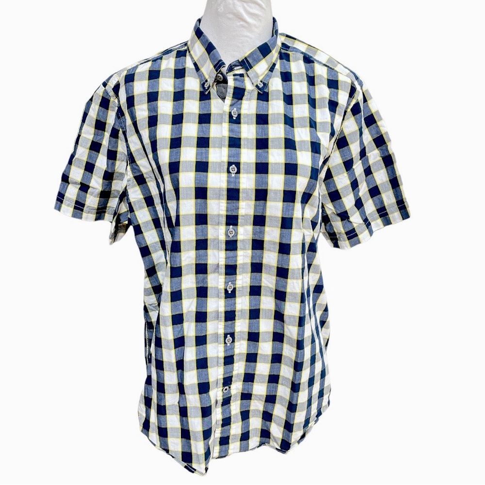 Nautica Checkered Short Sleeve Button Down Shirt Blue White Yellow Size Large